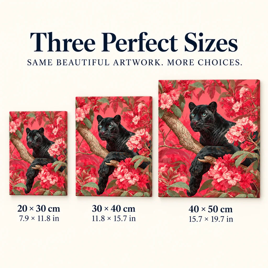 Size guide for Black Panther Among Pink Blossoms Diamond Painting Kit: 20 × 30 cm, 30 × 40 cm, and 40 × 50 cm.