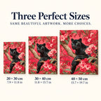 Size guide for Black Panther Among Pink Blossoms Diamond Painting Kit: 20 × 30 cm, 30 × 40 cm, and 40 × 50 cm.