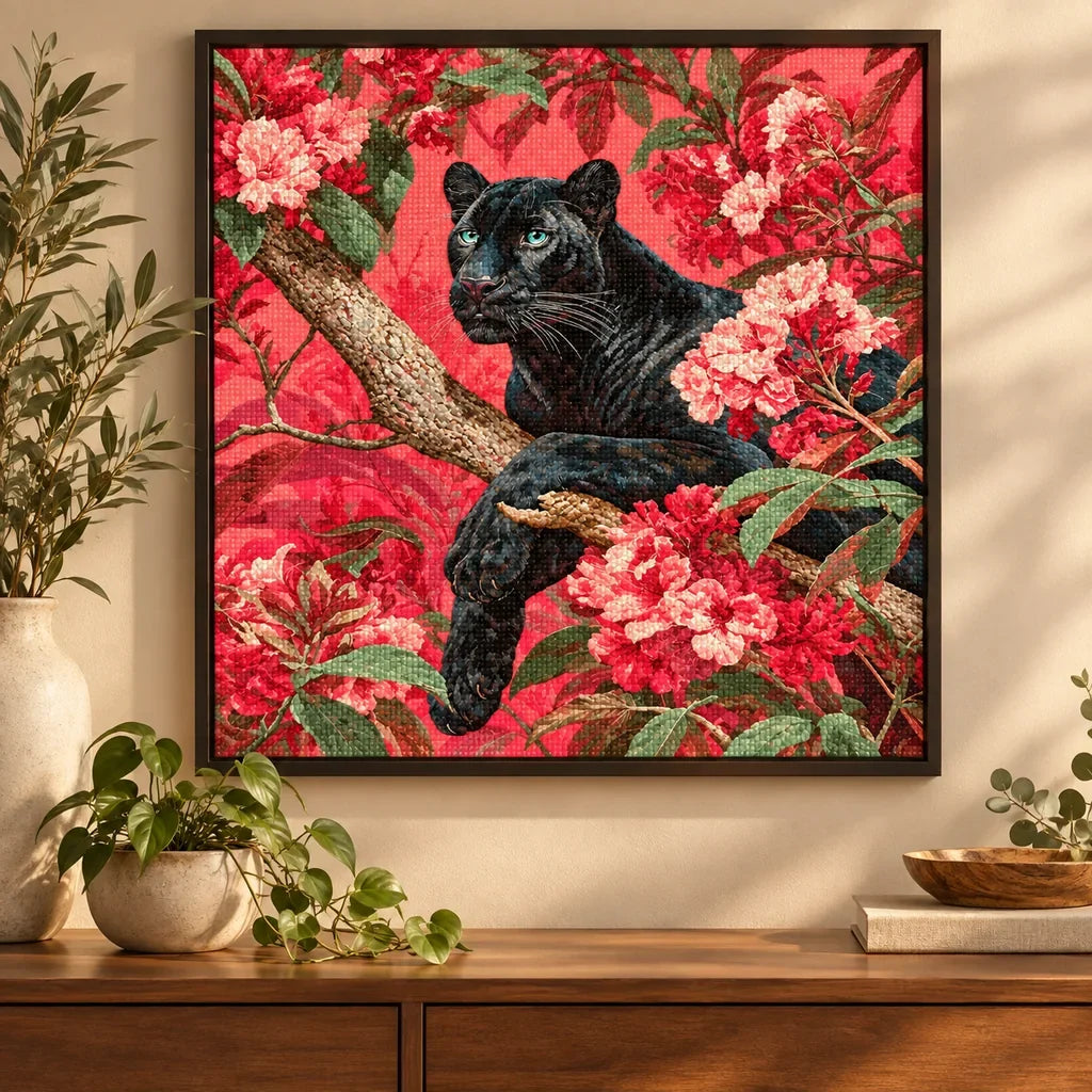 Framed home decor scene featuring a diamond painting of a black panther among pink flowering branches displayed on a wall.