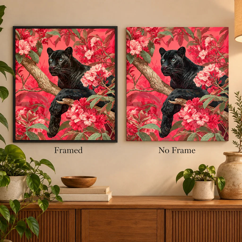 Framed and no-frame comparison for Black Panther Among Pink Blossoms Diamond Painting Kit.