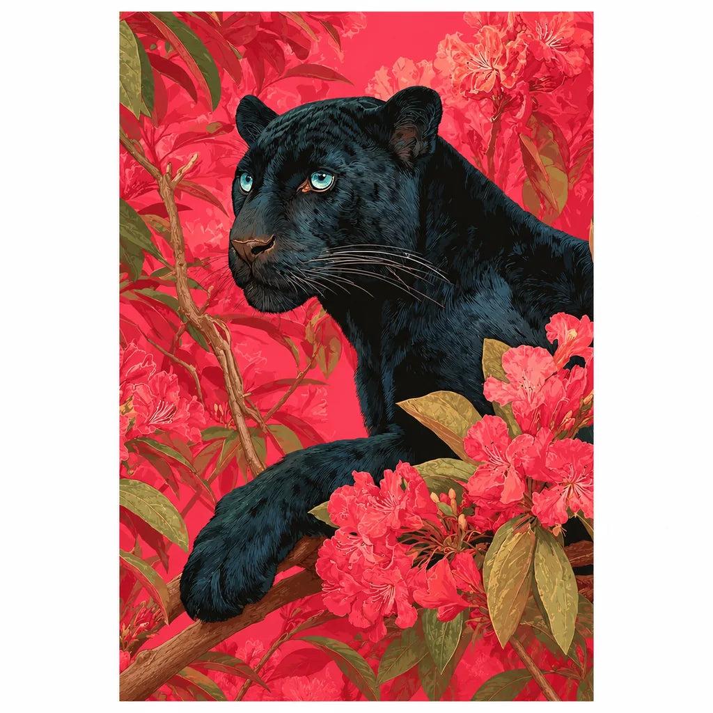 Original artwork showing a black panther nestled among bright coral blossoms.