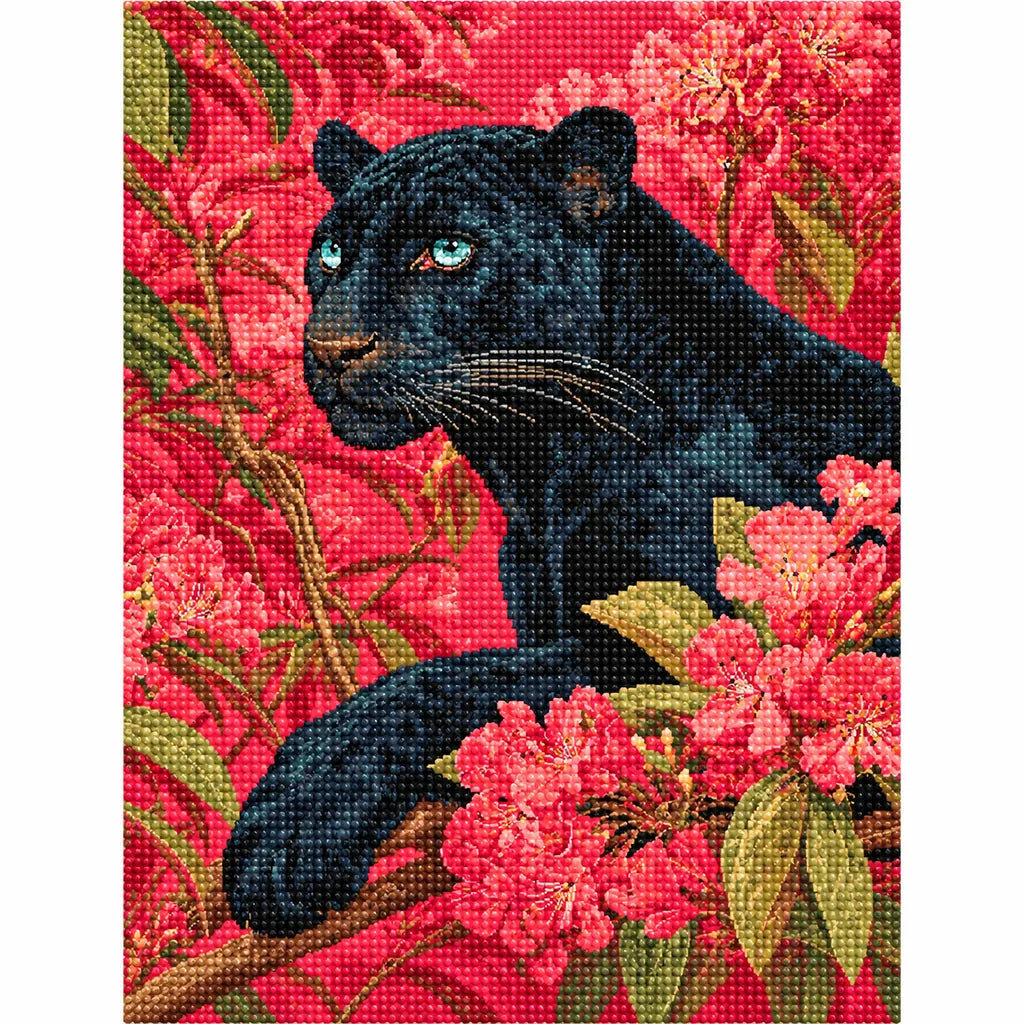 Finished diamond painting showing a black panther nestled among bright coral blossoms.