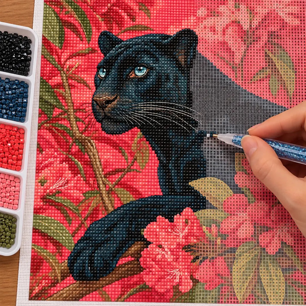 Hands applying drills to a canvas with a black panther nestled among bright coral blossoms.