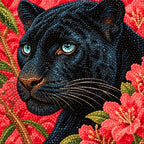 Close-up of diamond drills on artwork of a black panther nestled among bright coral blossoms.