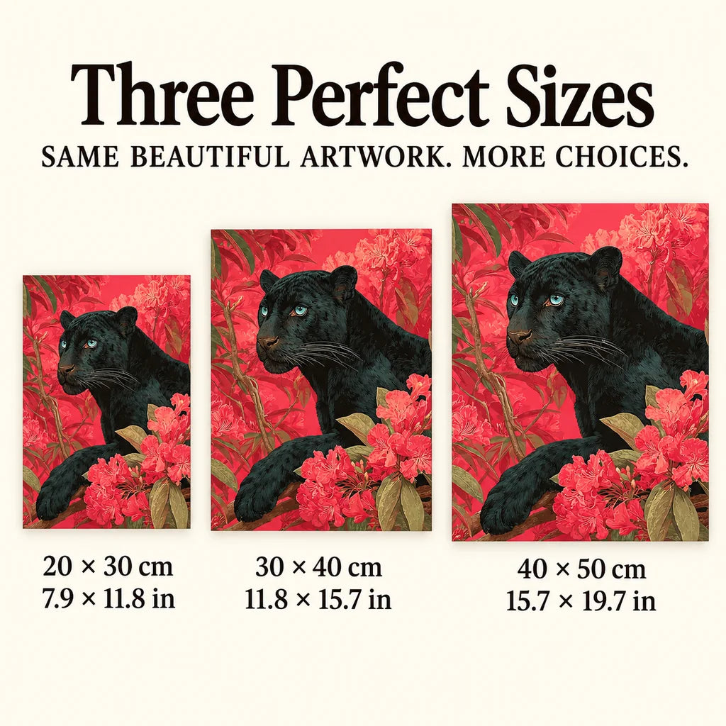 Size guide for Black Panther in Coral Blossoms Diamond Painting Kit: 20 × 30 cm, 30 × 40 cm, and 40 × 50 cm.