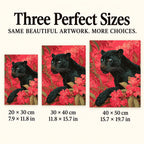 Size guide for Black Panther in Coral Blossoms Diamond Painting Kit: 20 × 30 cm, 30 × 40 cm, and 40 × 50 cm.