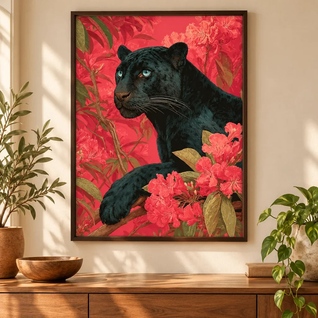 Framed home decor scene featuring a diamond painting of a black panther nestled among bright coral blossoms displayed on a wall.