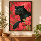 Framed home decor scene featuring a diamond painting of a black panther nestled among bright coral blossoms displayed on a wall.