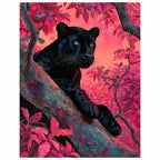 Original artwork showing a black panther resting on a branch in a coral-colored forest.