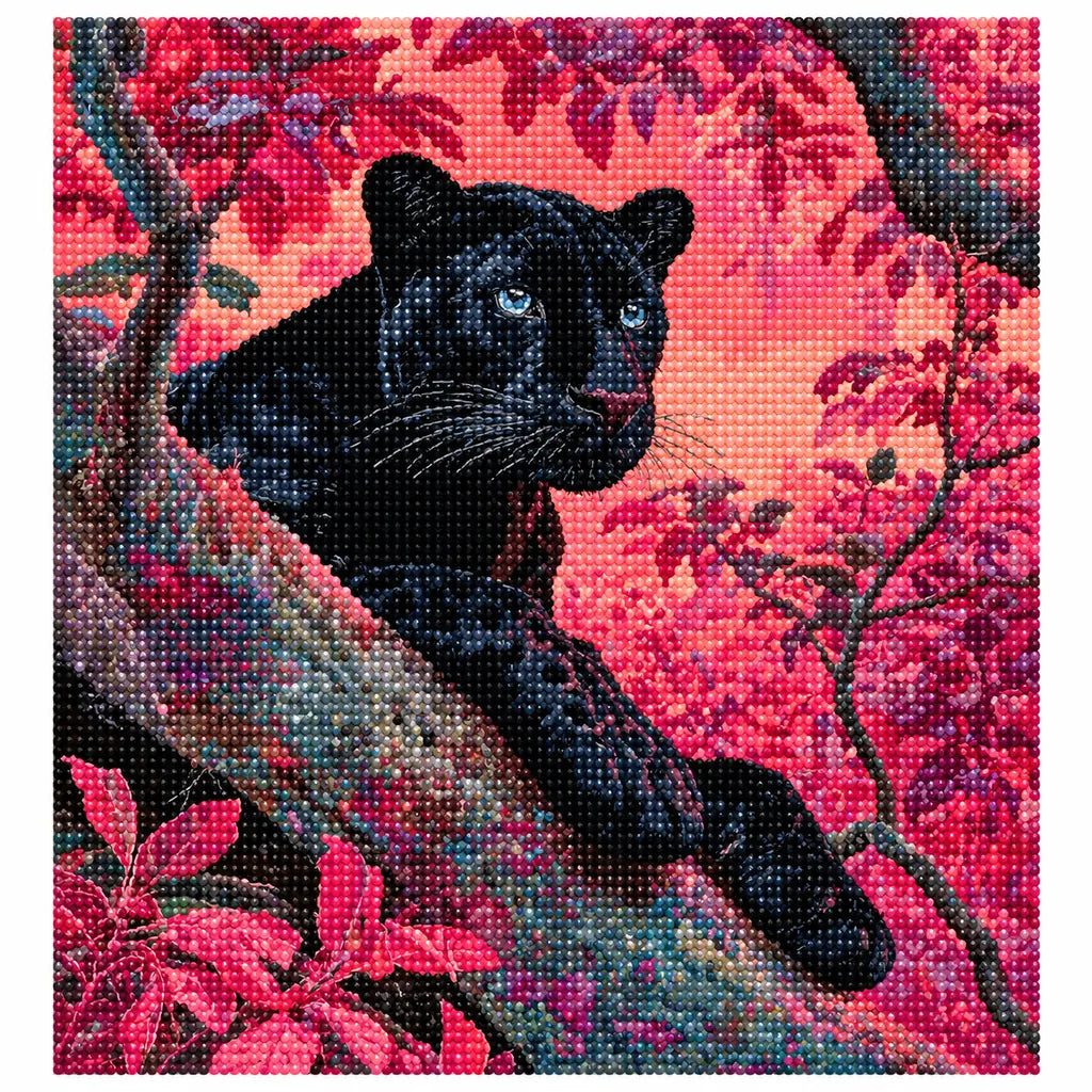 Finished diamond painting showing a black panther resting on a branch in a coral-colored forest.
