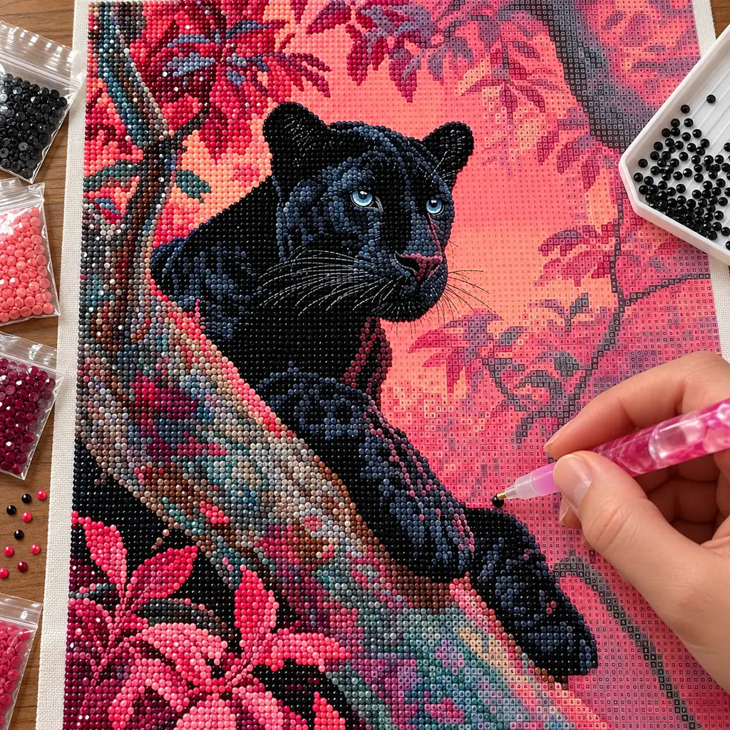 Hands applying drills to a canvas with a black panther resting on a branch in a coral-colored forest.