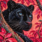 Close-up of diamond drills on artwork of a black panther resting on a branch in a coral-colored forest.