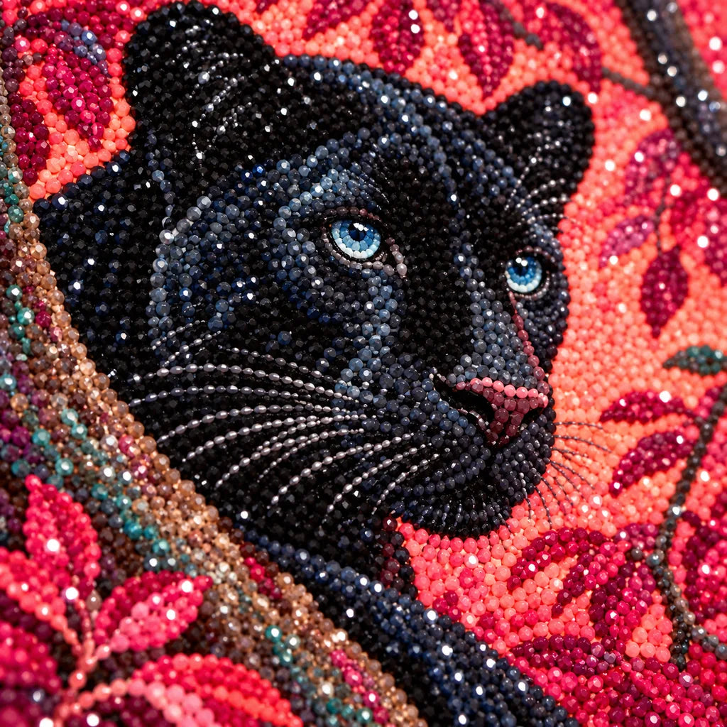 Close-up of diamond drills on artwork of a black panther resting on a branch in a coral-colored forest.