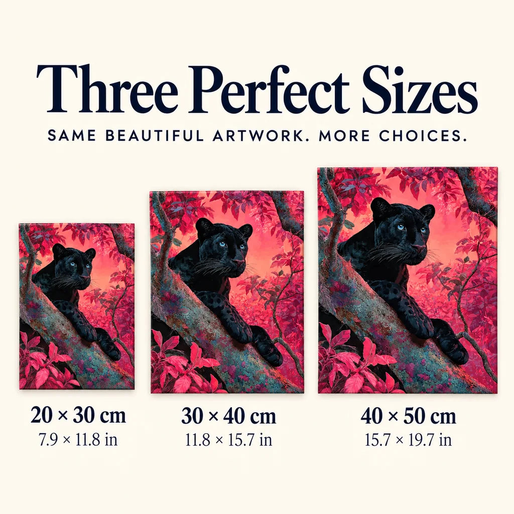 Size guide for Black Panther in a Coral Forest Diamond Painting Kit: 20 × 30 cm, 30 × 40 cm, and 40 × 50 cm.