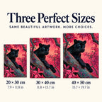 Size guide for Black Panther in a Coral Forest Diamond Painting Kit: 20 × 30 cm, 30 × 40 cm, and 40 × 50 cm.