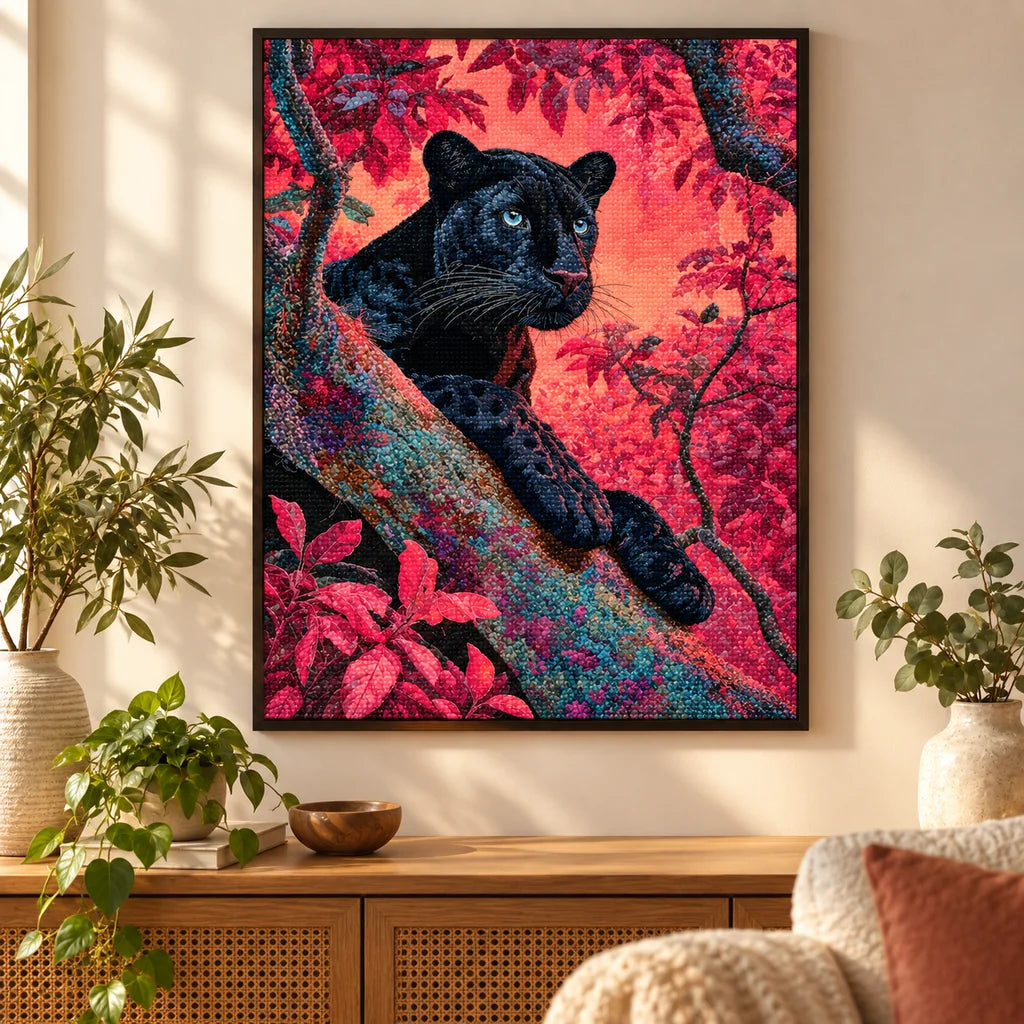 Framed home decor scene featuring a diamond painting of a black panther resting on a branch in a coral-colored forest displayed on a wall.
