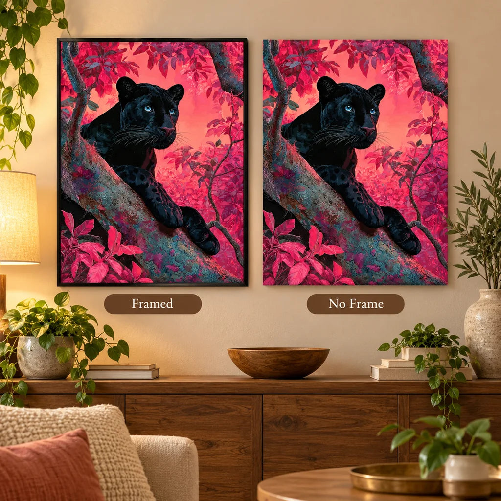 Framed and no-frame comparison for Black Panther in a Coral Forest Diamond Painting Kit.