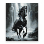 Black Stallion in the Mist paint by numbers artwork on a front-facing canvas against a white background