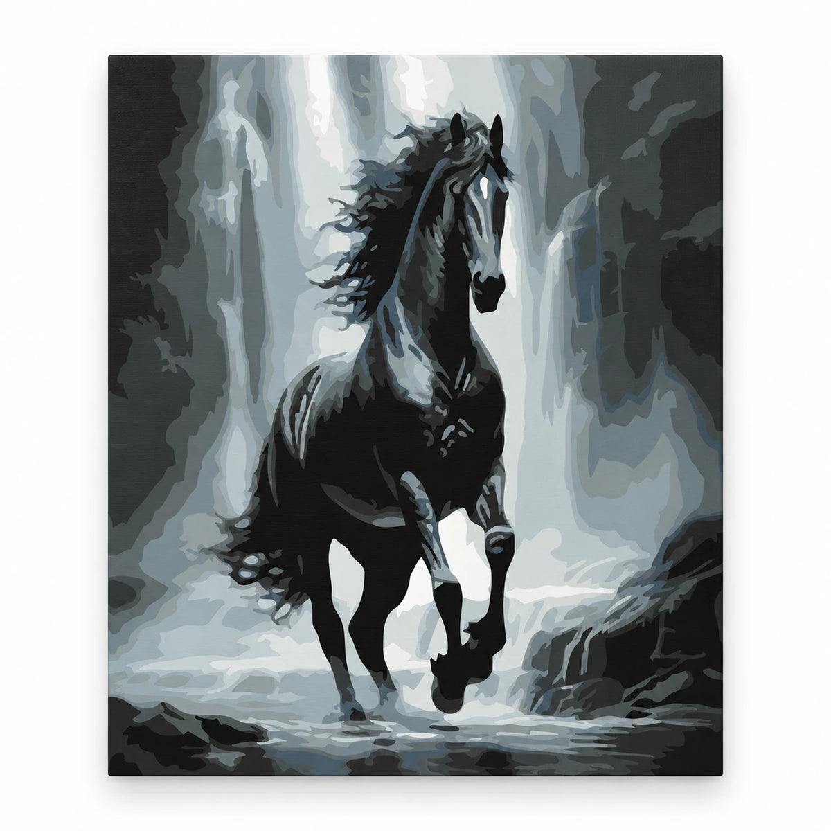 Black Stallion in the Mist paint by numbers artwork on a front-facing canvas against a white background