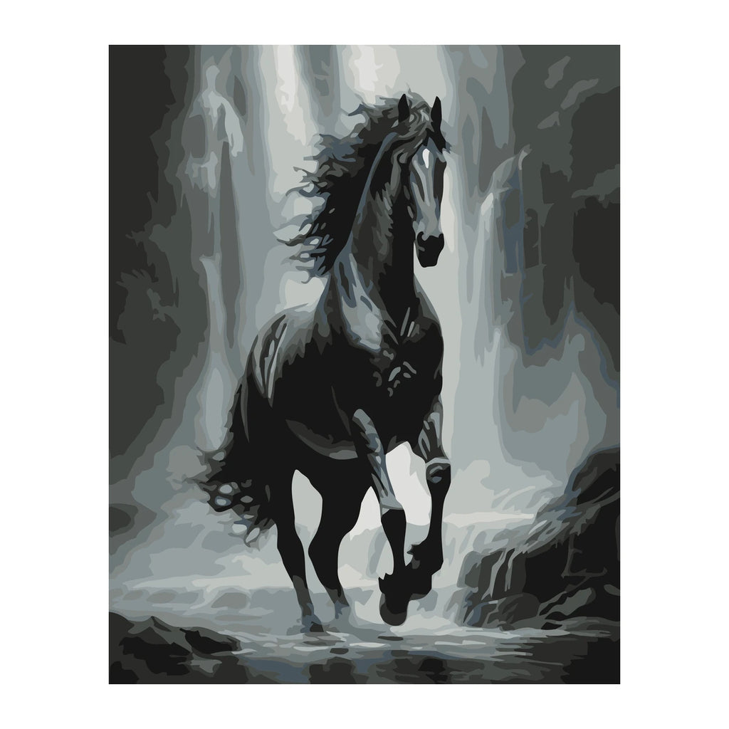 Black Stallion in the Mist completed artwork on a clean white background