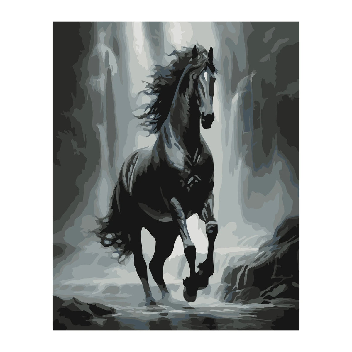 Black Stallion in the Mist completed artwork on a clean white background