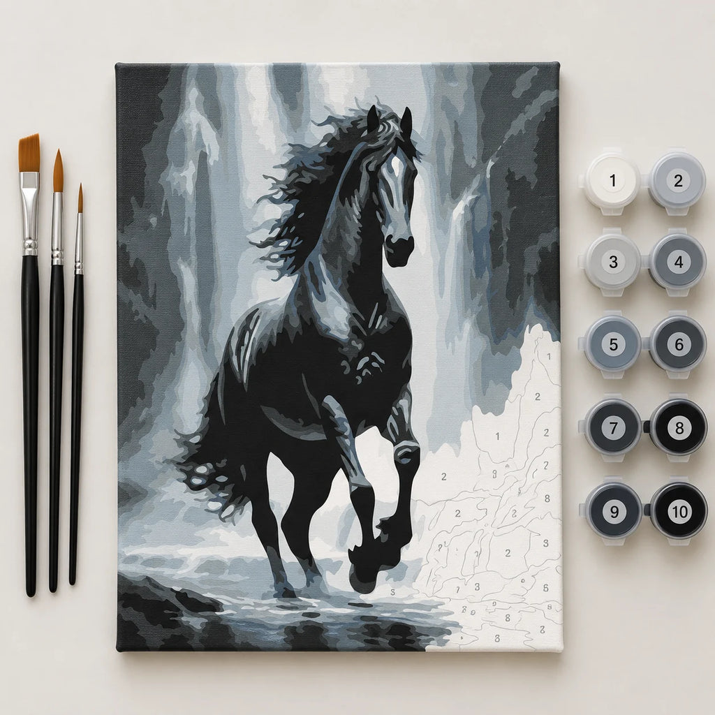 Complete Black Stallion in the Mist numbered canvas being painted with acrylic paints and brushes