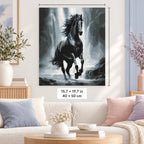 Black Stallion in the Mist shown in a styled room with 15.7 × 19.7 in and 40 × 50 cm dimensions