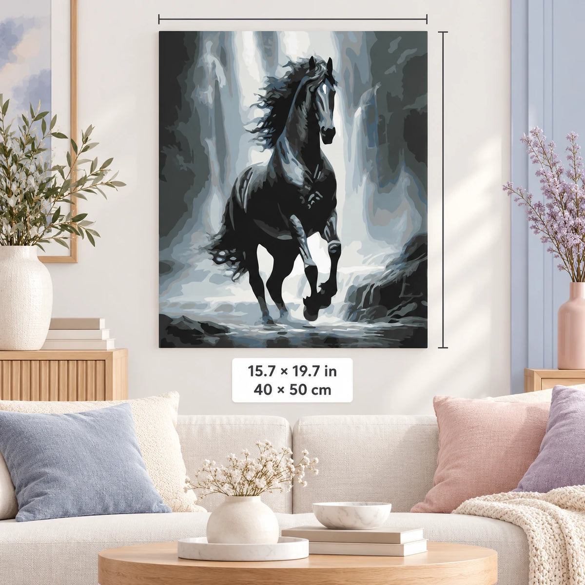 Black Stallion in the Mist shown in a styled room with 15.7 × 19.7 in and 40 × 50 cm dimensions