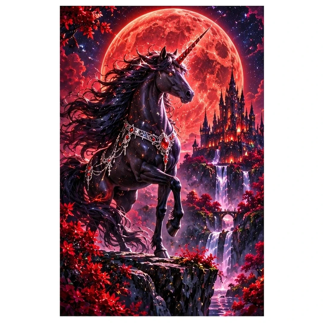 Black Unicorn Red Moon original artwork on white