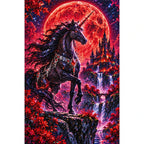 Black Unicorn Red Moon finished diamond painting on white