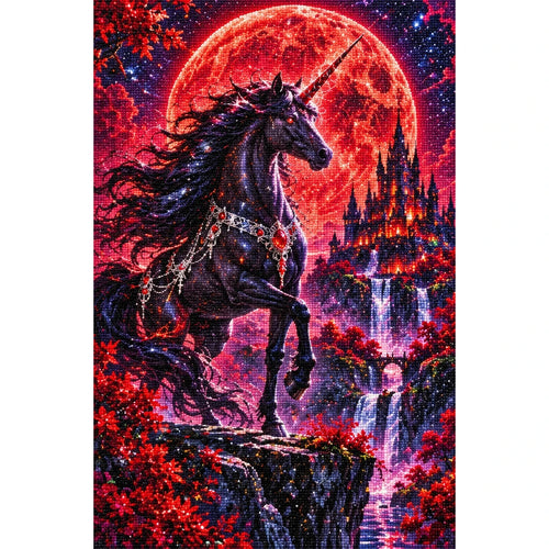 Black Unicorn Red Moon finished diamond painting on white