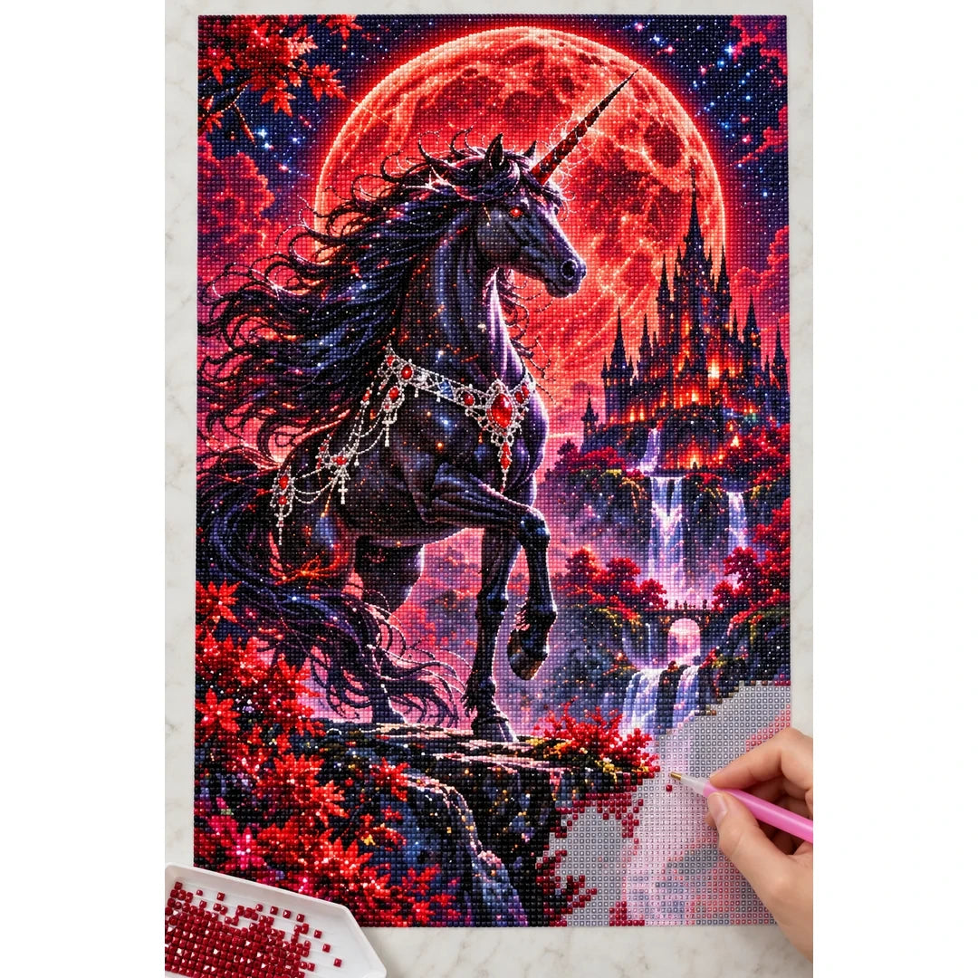 Black Unicorn Red Moon diamond painting process