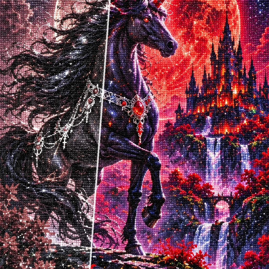 Black Unicorn Red Moon canvas and resin drill detail