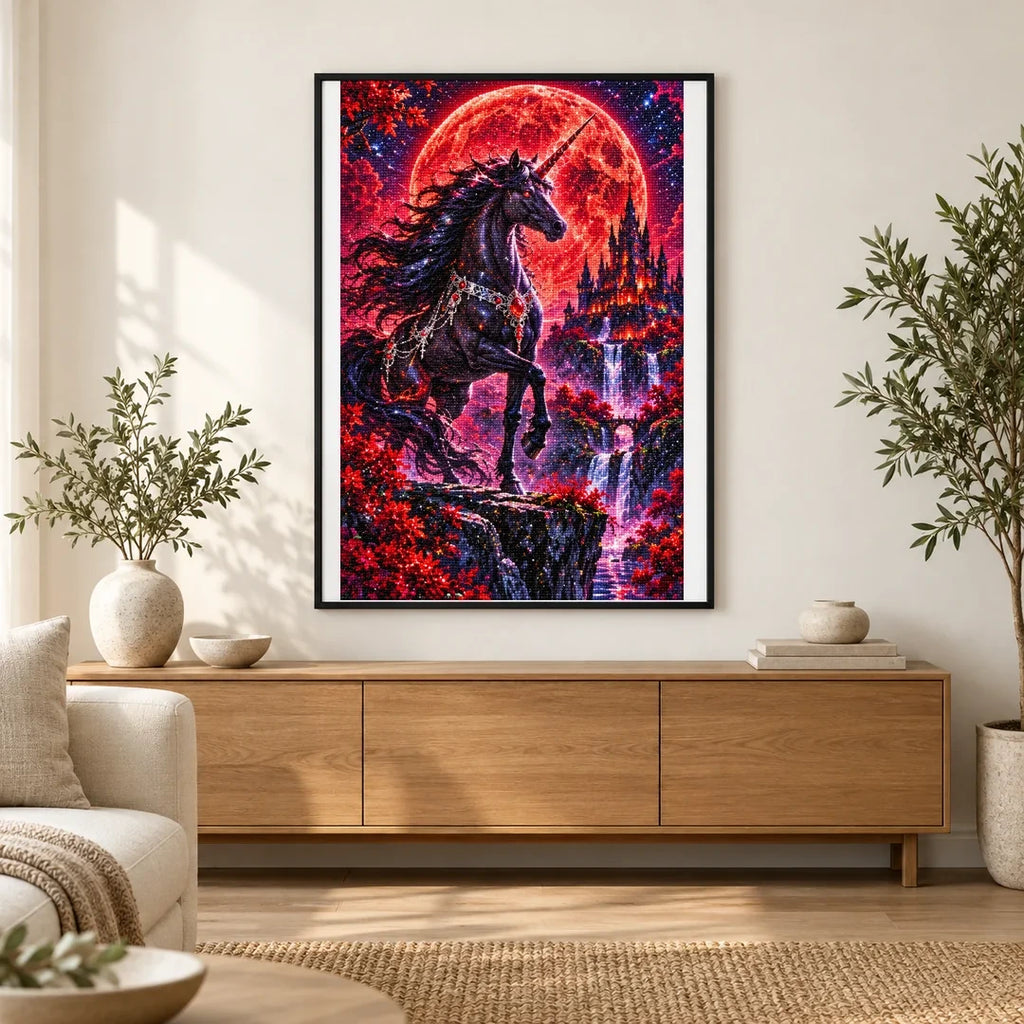 Black Unicorn Red Moon finished artwork in home décor