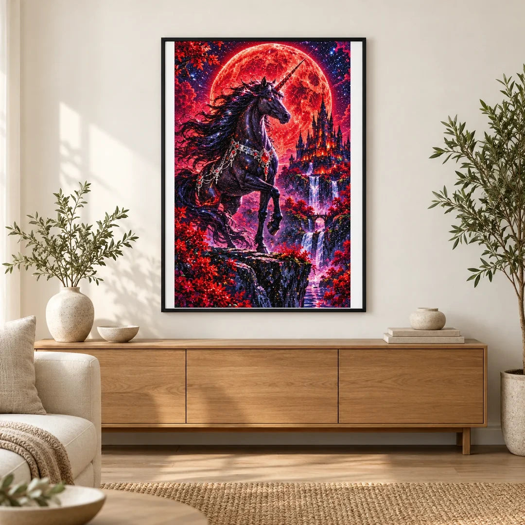 Black Unicorn Red Moon finished artwork in home décor