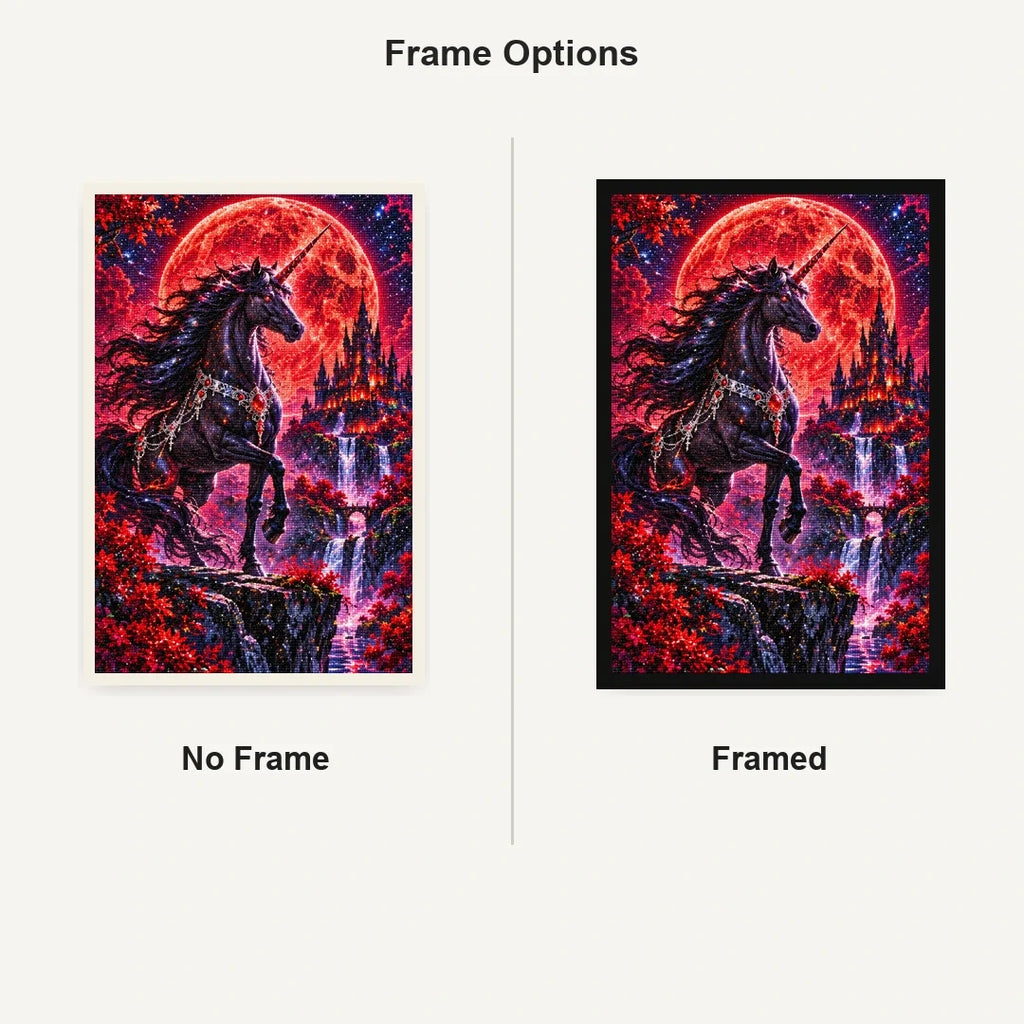 Black Unicorn Red Moon No Frame and Framed comparison