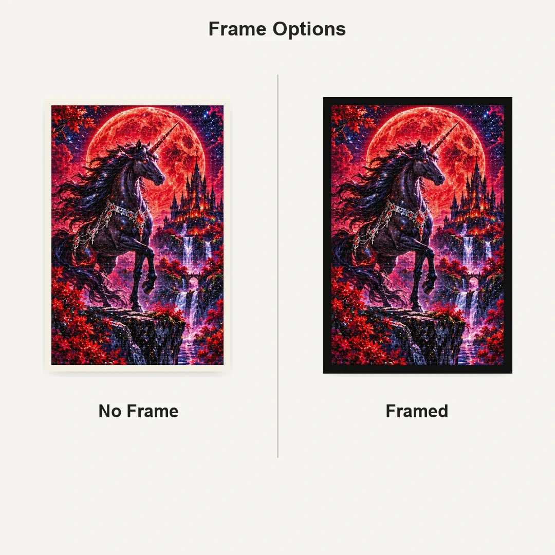 Black Unicorn Red Moon No Frame and Framed comparison