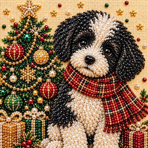 Black and White Puppy Christmas Tree — detail image
