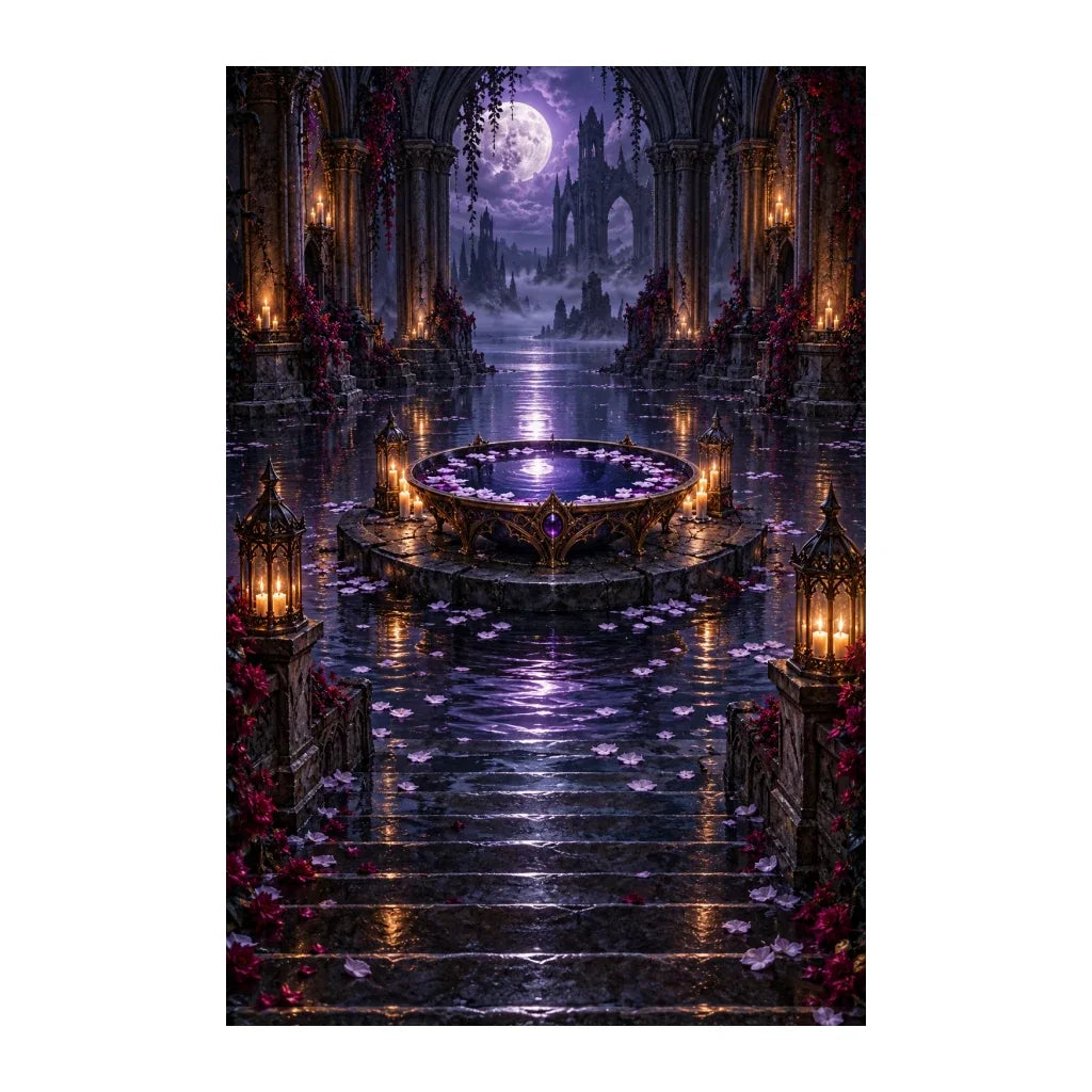 Original illustration of a glowing violet scrying pool inside a dark stone crypt, on a white background