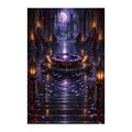 Original illustration of a glowing violet scrying pool inside a dark stone crypt, on a white background