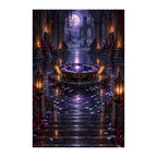 Original illustration of a glowing violet scrying pool inside a dark stone crypt, on a white background