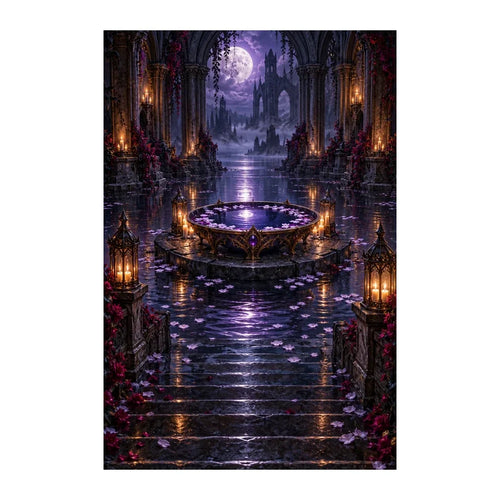 Original illustration of a glowing violet scrying pool inside a dark stone crypt, on a white background
