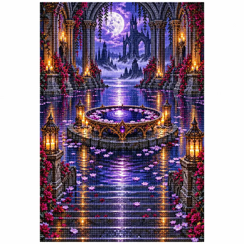 Finished diamond painting of a violet scrying pool and shadowy crypt arches reflected on black water
