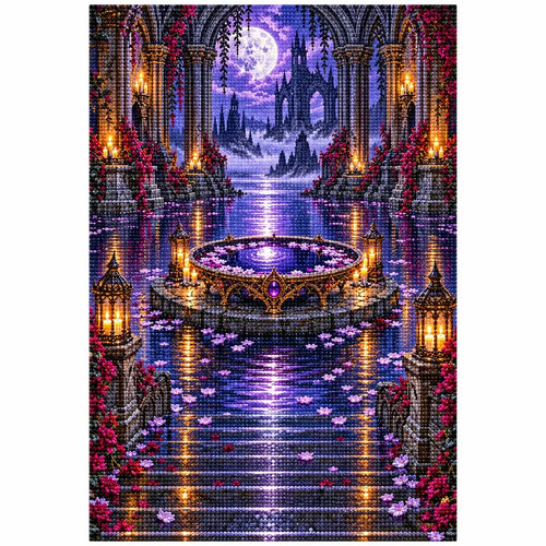 Finished diamond painting of a violet scrying pool and shadowy crypt arches reflected on black water