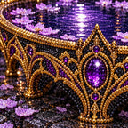 Close-up of the jeweled violet pool and ornate stone details formed with diamond drills