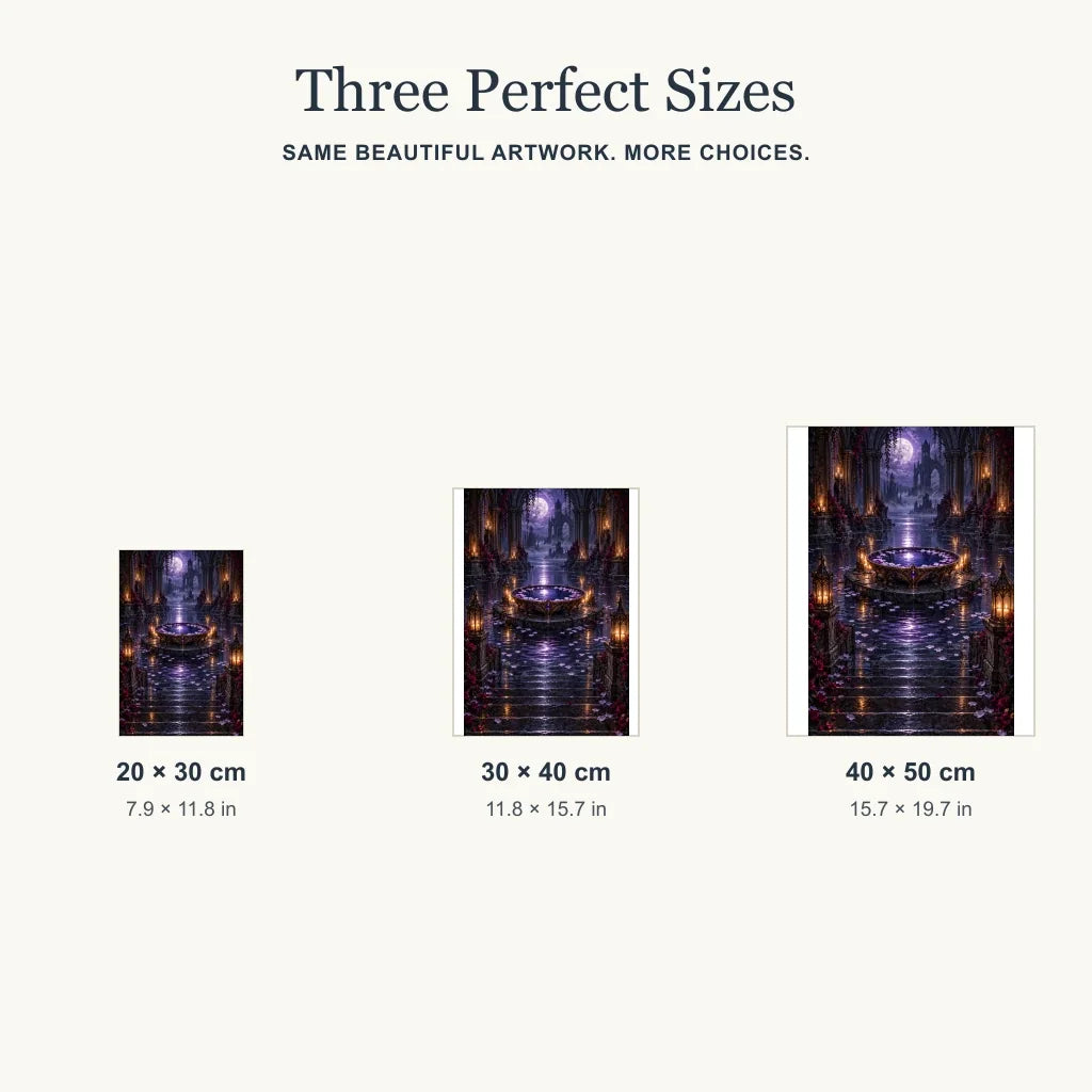 Portrait size guide for the blackwater scrying crypt design: 20 × 30, 30 × 40, and 40 × 50 cm