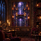 Framed blackwater scrying crypt diamond painting displayed in a dim gothic interior