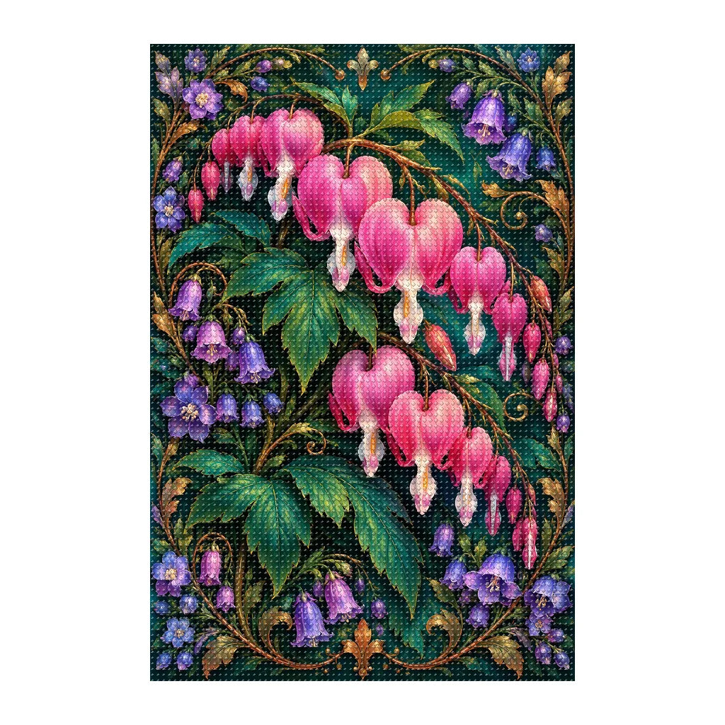 Finished white-background diamond painting of Bleeding Heart Velvet Vine