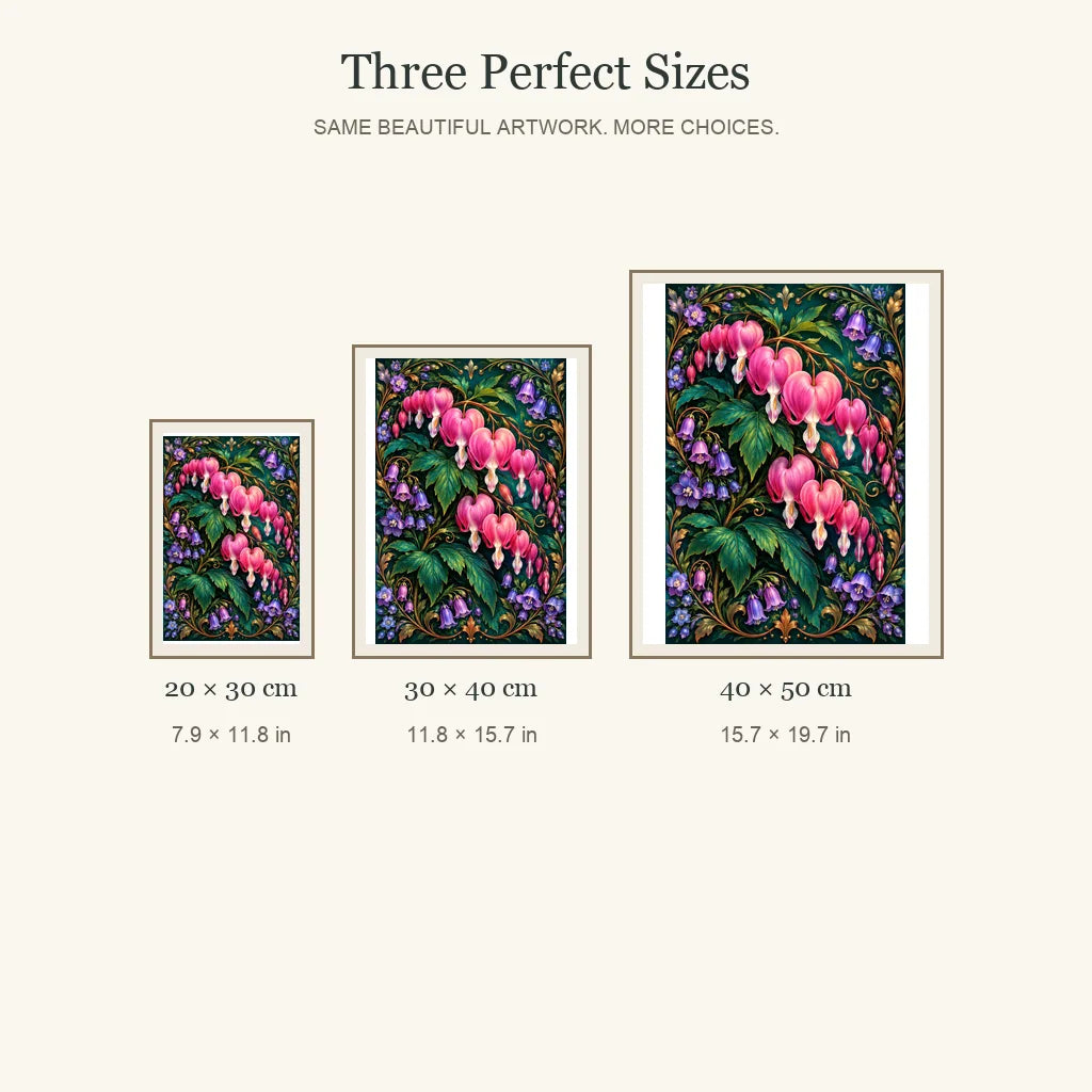 Bleeding Heart Velvet Vine diamond painting in 20 by 30, 30 by 40, and 40 by 50 centimeter sizes