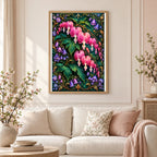 Framed Bleeding Heart Velvet Vine diamond painting displayed in a home interior
